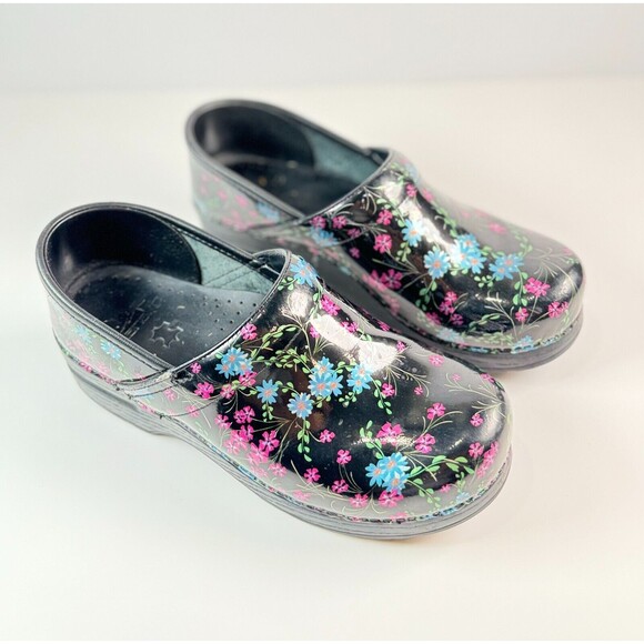Dansko Womens Shoes Black Patent Leather Clogs Floral Slip On Nursing 38 US 8 - Picture 1 of 6